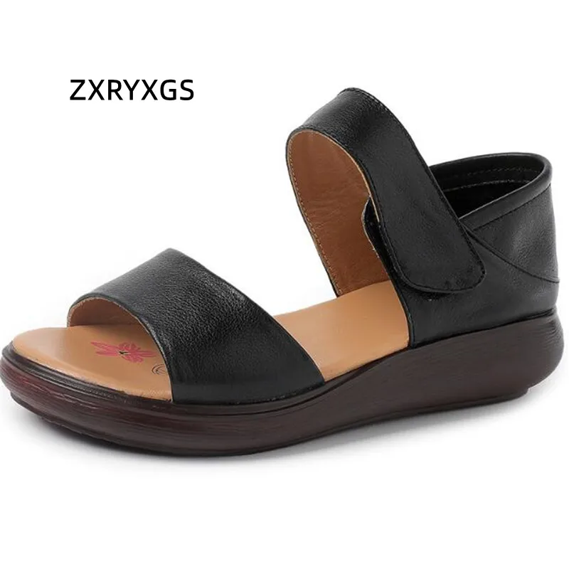 ZXRYXGS 2024 Premium Cowhide Leather Sandals Women wedges Shoes New Open Toe Summer Roman Shoes Woman Fashion Sandals Large Size