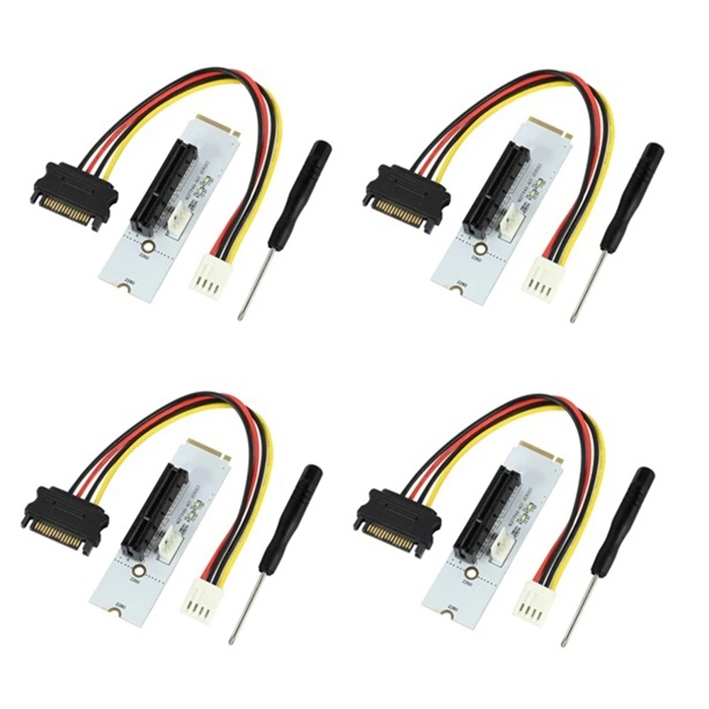 4 Pcs NGFF M.2 to PCI-E 4X Riser Card M2 Key M to PCIe X4 Adapter with SATA Power Cable M2 Riser Card Suppot 2260 2280