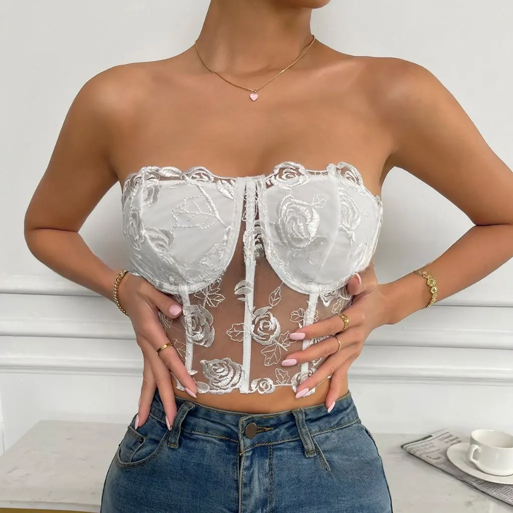 

Lace Mesh Rose Strapless Vest Top Women's Fashion Small Spot INS Style European And American 9434