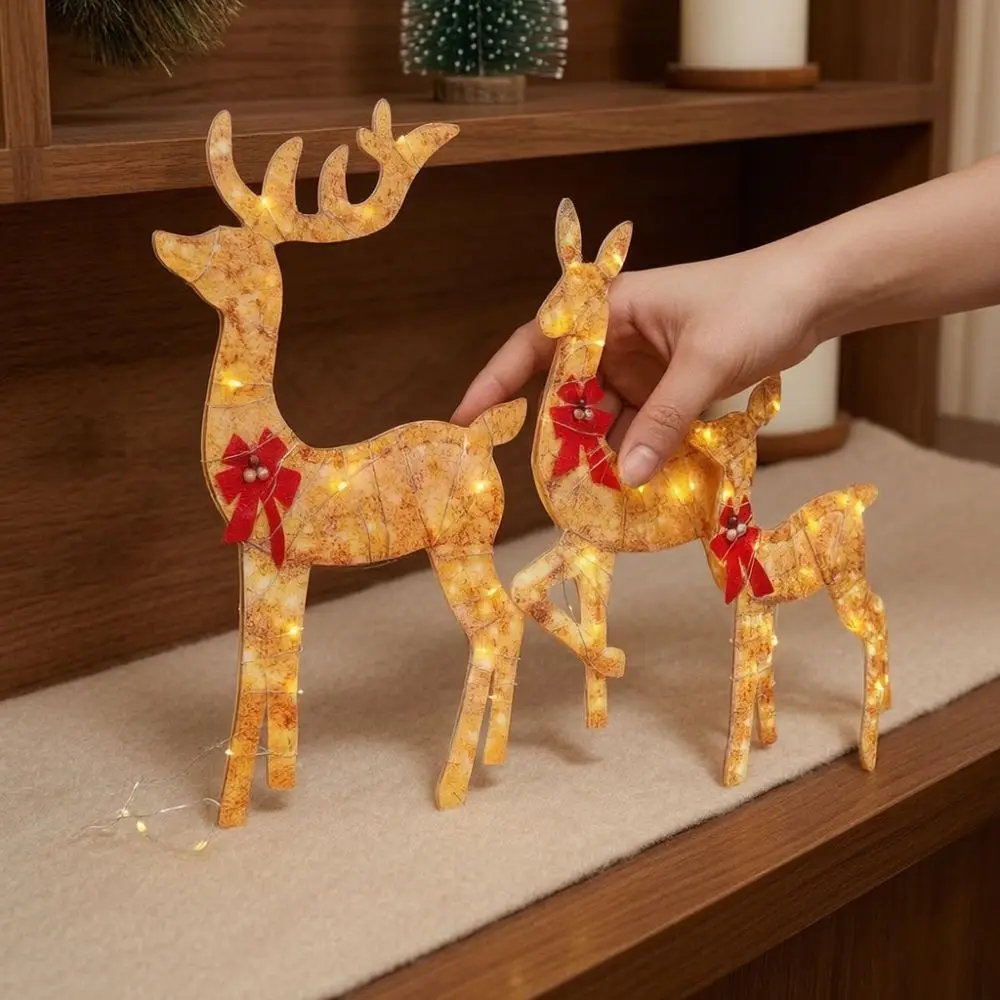 2D Flat Lighted Reindeer Statue With Bow Acrylic Deer Xmas Luminous Reindeer Golden Reindeer Crafts Christmas Deer Ornament