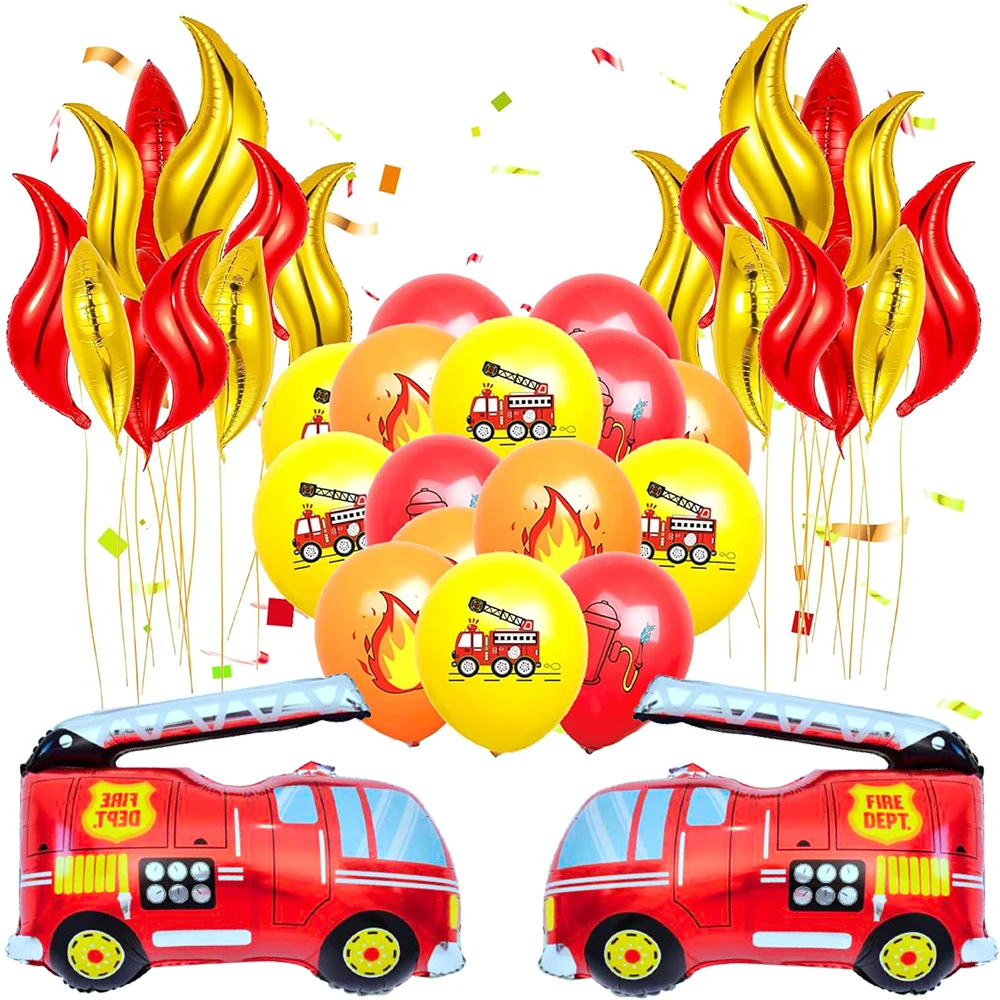 Fire Truck Birthday Decoration Foil Flame Firetruck Number Balloons Kids Boys Firefighter Fireman Sam Party Baby Shower Supplies