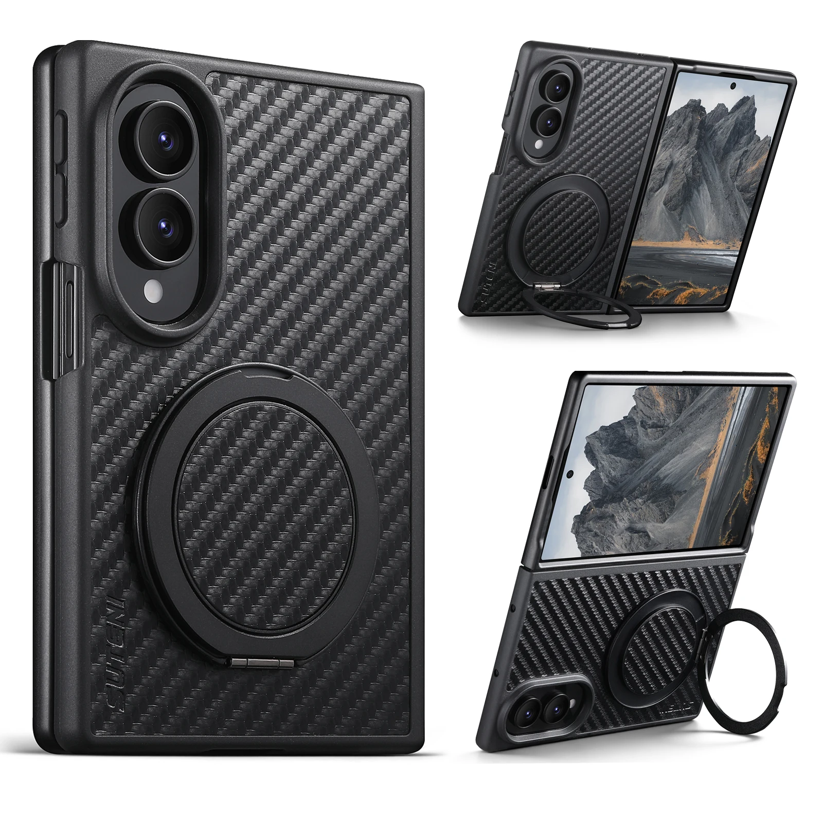 SUTENI Mobile Phone Case Magnet Wireless Charging 360° Rotating Stand Faux Leather Ring Buckle For Samsung Galaxy Z Fold 8