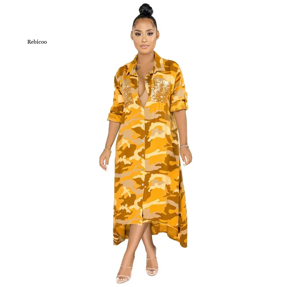 Womens longo maxi lantejoulas camisa de impressão vestidos solto namorado estilo botão feminino manga longa camo split vestido