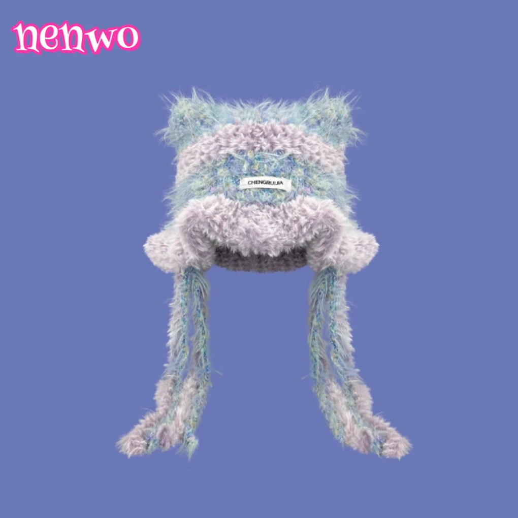 

Пушистая шапка-ушанка с градиентным декором в виде кошачьих ушей, женская осенне-зимняя теплая морозостойкая шапка с большой окружностью головы, универсальная для похудения лица