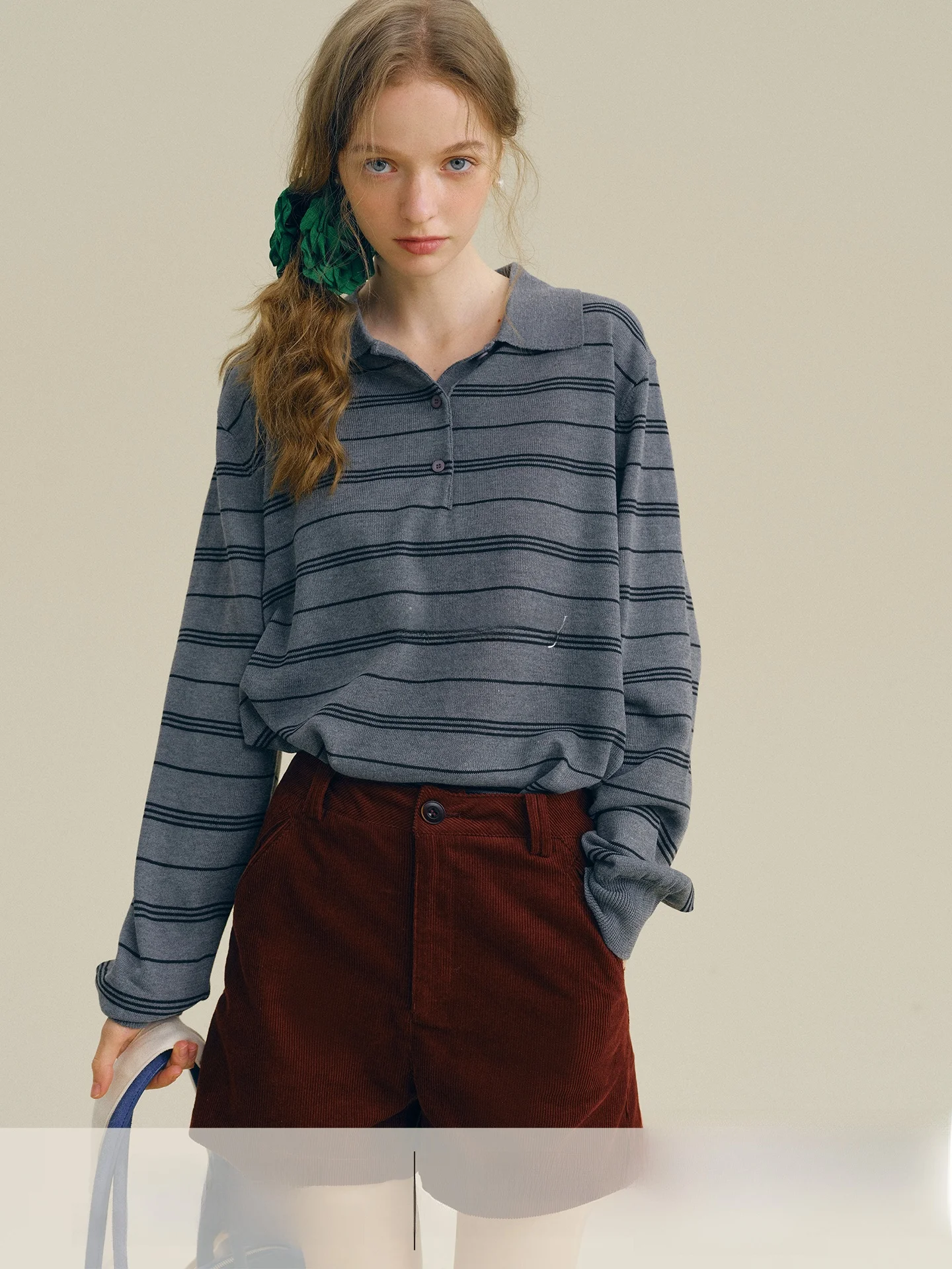 

Rina Berry Stripe Ne Knitwear Loose Fit Women's Sle Vintage Casual Autumn Early Charcoal ey Age-Defng Versatile Top