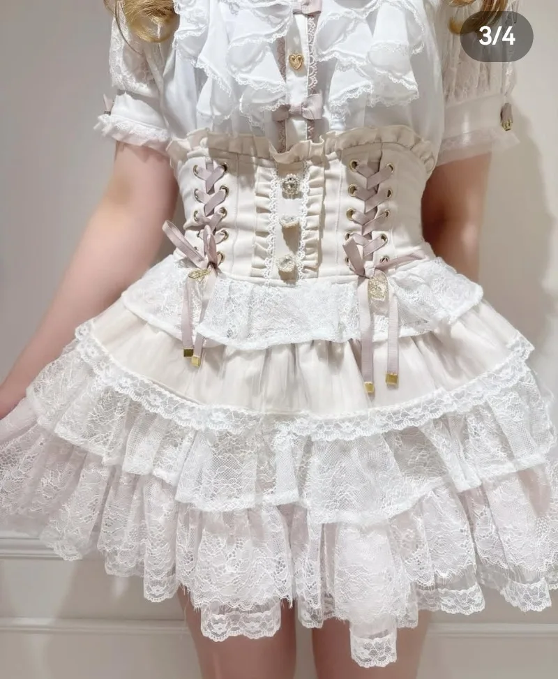 Mehrlagiger Mini-Kuchenrock im japanischen Rojita-Stil, drei Farben erhältlich, beliebte Damenkleidung, hoch taillierte Schnürröcke mit Knöpfen