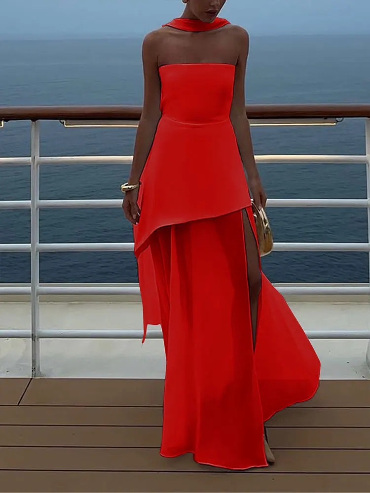 ชุดเดรสยาวสไตล์สตรีทแฟชั่นสำหรับฤดูร้อน  ตกแต่งด้วยริบบิ้นและซิป  ผ่าข้าง  แบบเรียบหรู  เซ็กซี่  ไม่มีแขน  แบบสายเดี่ยว  สำหรับผู้หญิง