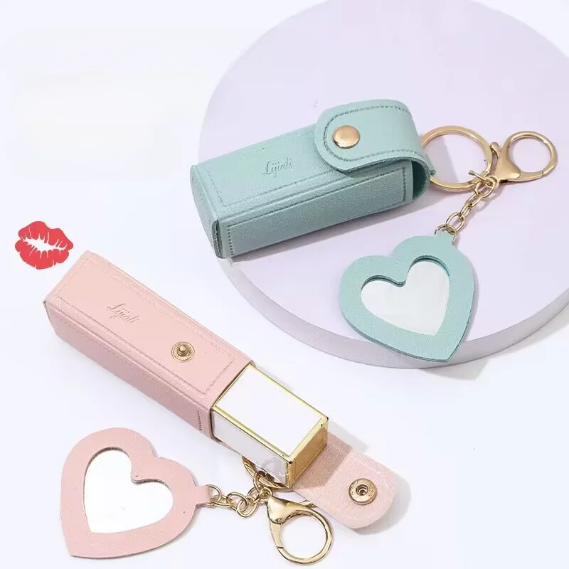 Solid Color PU Leather Lipstick Holder Keychain With Heart Shaped Mirror Lipstick Sleeve Pouch Portable Pocket Lip Gloss Holder