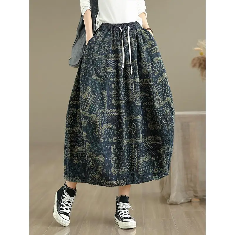 

High-waisted Floral Skirt For Women 2025 Autumn New Vintage Casual Elastic Waist A-line Skirt Denim Oversized Skirt