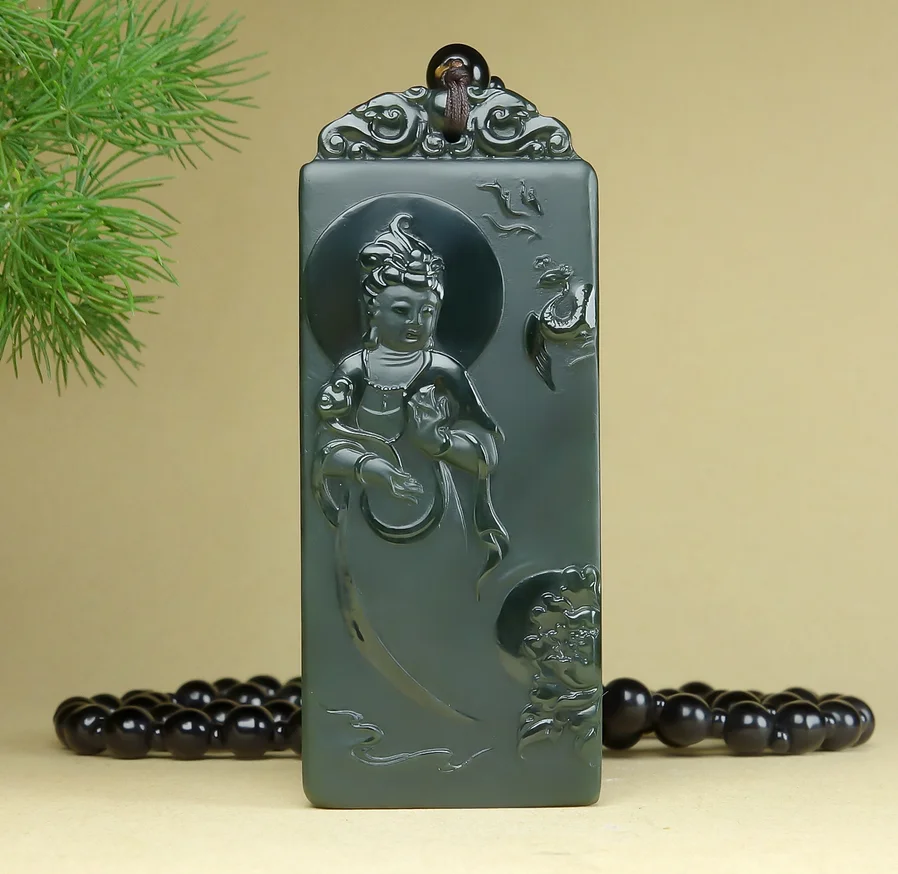 

Fine Jewelry Natural Hetian Nephrite Jade Qingyu Men's Lotus Station Guanyin Jade Pendant