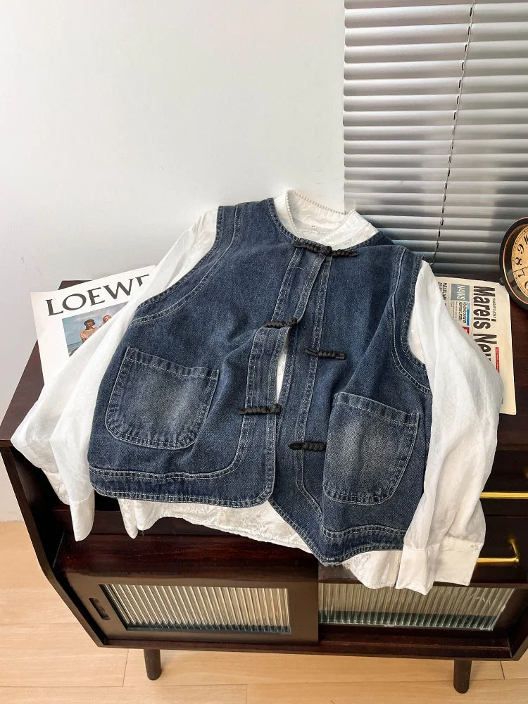 

Ele Chinese Sle Button up Denim Vest Women's Svel Layering Top Summer New Retro Faion Commute Wind round Ne