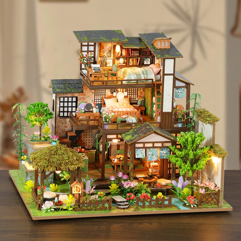 NEW DIY Wooden Doll House Bamboo Spring Courtyard Casa Miniature Building Kits Dollhouse With Furniture Big Villa Girls Gifts