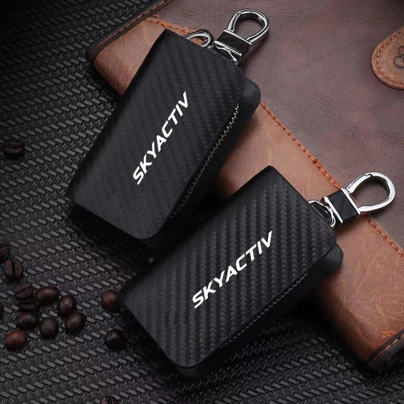 

Leather Car Key Protection Shell Bag Carbon Filber Car Key Case Car Keychain For Mazda Skyactiv Technology Logo 3 6 CX 5 CX3