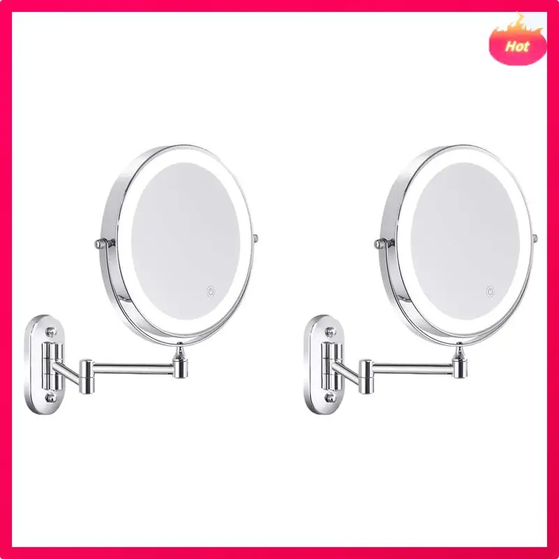 2Pcs Wall Mounted Vanity Bathroom Bath Makeup Mirror With LED Swivel Folding Lighted 1X/5X Magnification Cosmetic Mirror