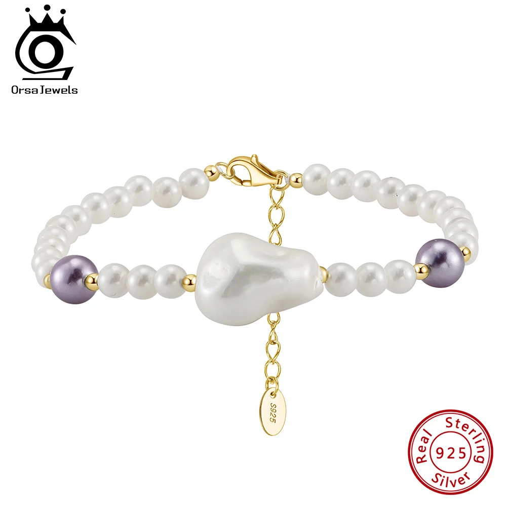 

ORSA JEWELS 925 Sterling Silver Shell Pearl Beads Bracelet for Women Gift 14K Gold Irregular Pearls Chain Bracelet Jewelry PSB01