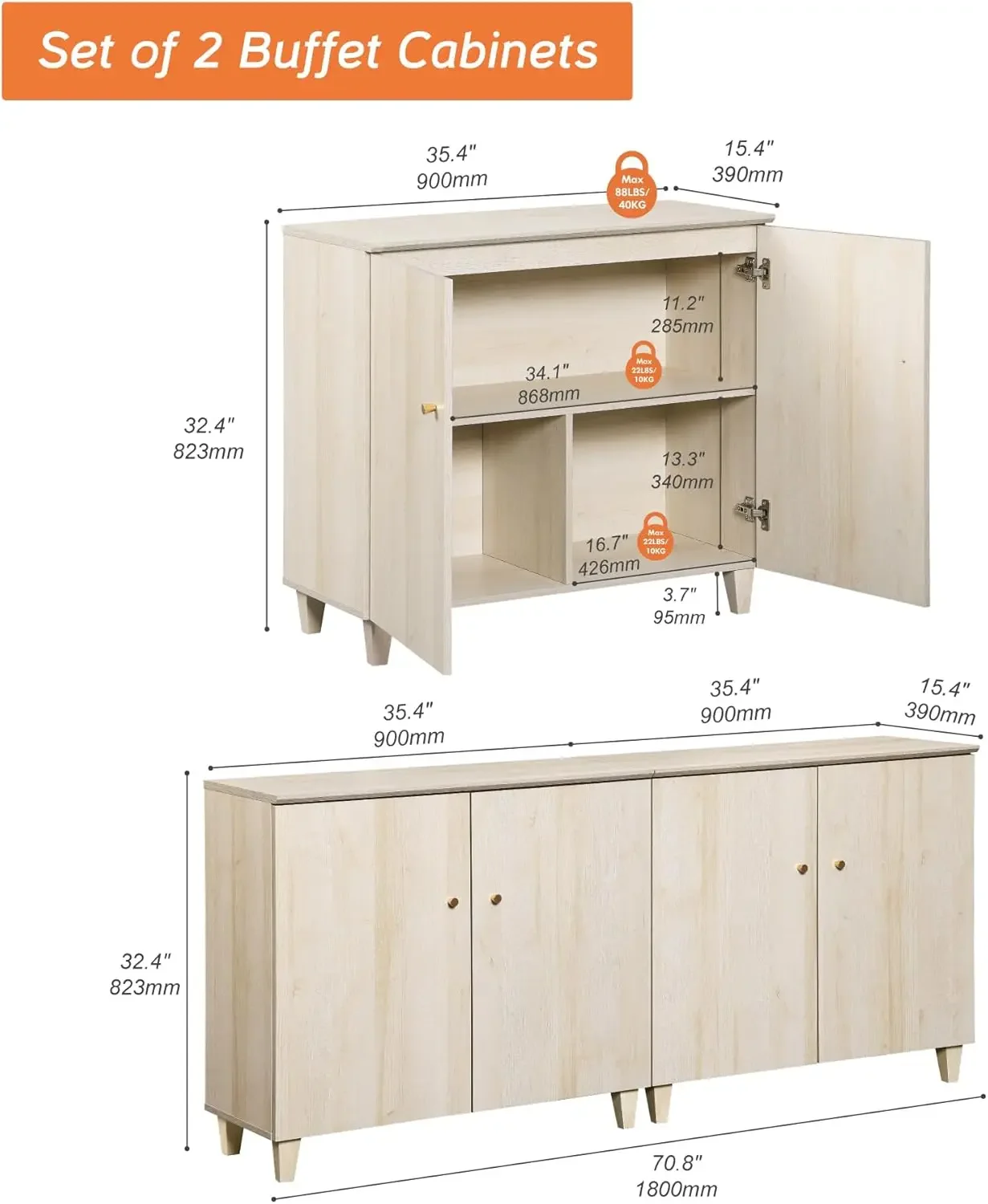 ビュッフェキャビネットサイドボード、幅70.8インチの木製クレデンツァコンソールテーブル、ドア4枚付き、モダンで素朴なキッチンアクセントストレージCの2個セット