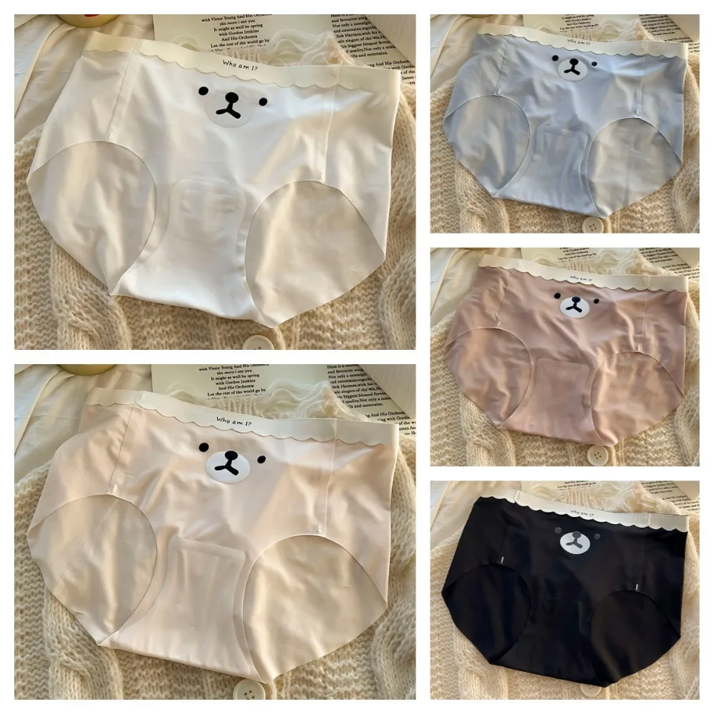 

5Pcs Cute Cartoon Ice Silk Briefs Ultra-thin Mid Waist Bear Seamless Panties Underpants Elastic Underwear Women Girl