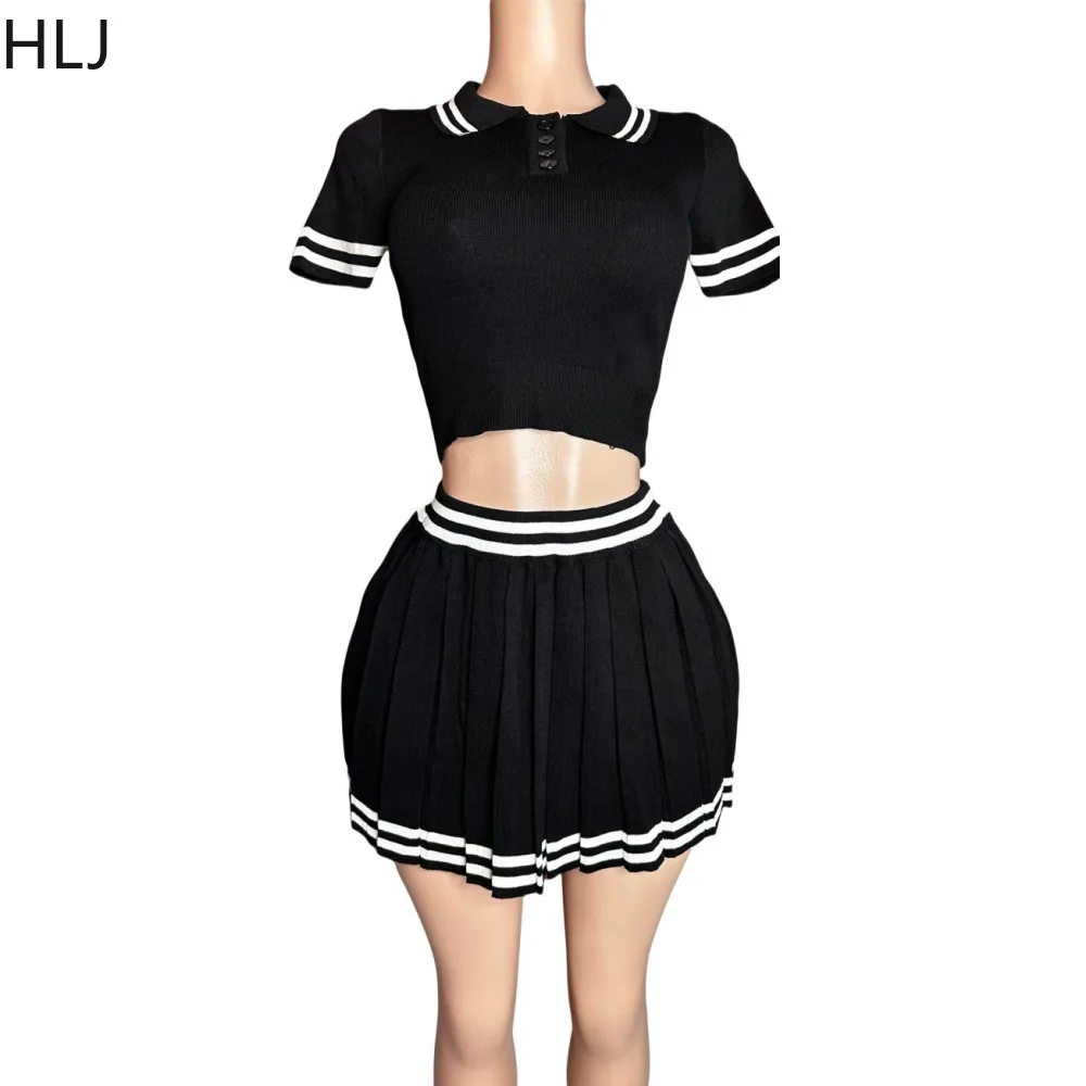 HLJ Y2K Fashion Knitting Mini Pleated Skirts Two Piece Sets Women Turndown Collar Short Sleeve Slim Crop Top And Skirts Outfits