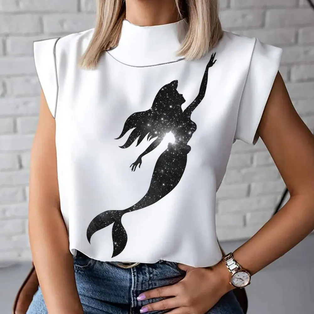 New summer fashion all-match Ariel Mermaid anime Harajuku street print women's high collar T-shirt fashion vest 2024