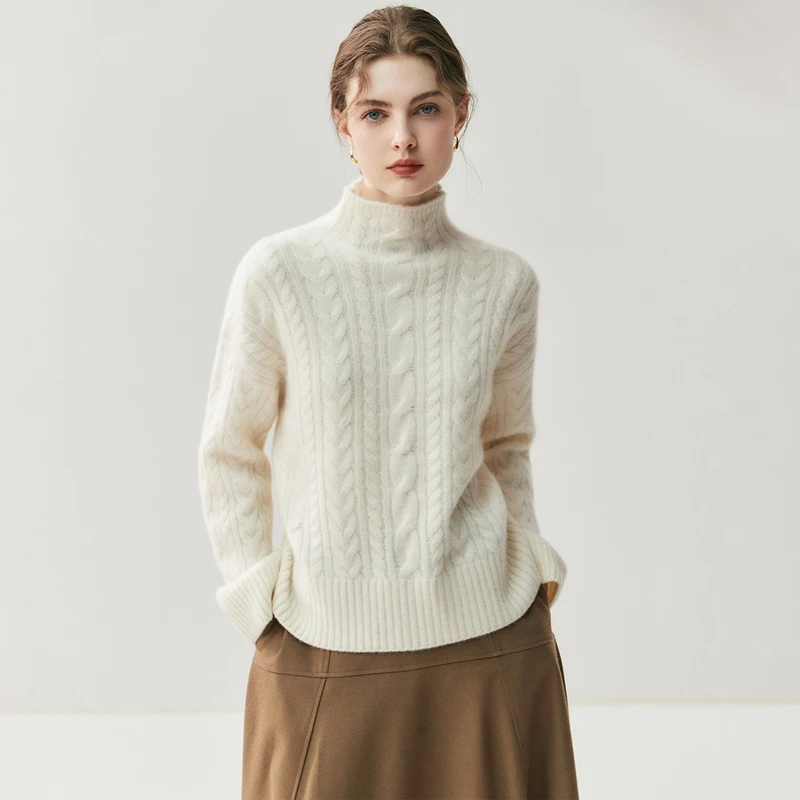

Autumn Winter Thick Women 100% Cashmere Sweater Cable Knitting Pullover Mock Neck Long Sleeve Cashmere Knitwear Soft Warm Tops