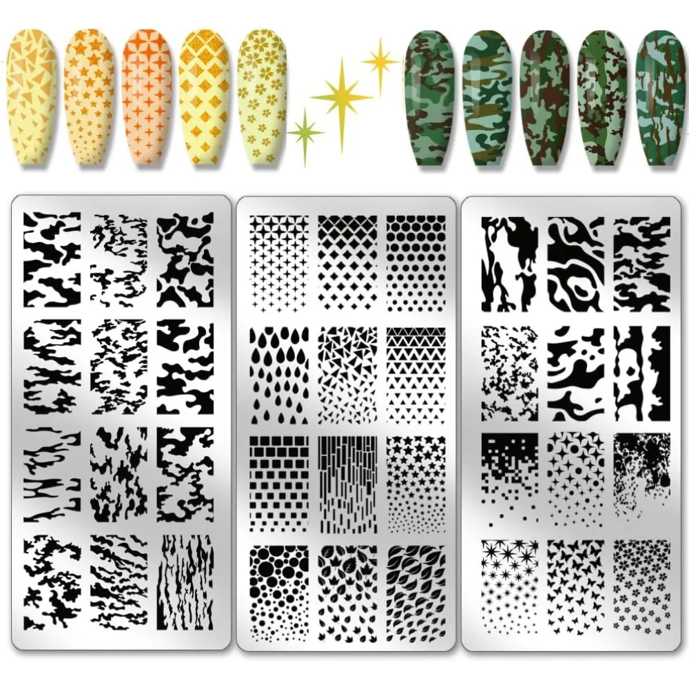 3pcs Texture Nail Stamping Plate Nail Stencils Camouflage Gradient Geometric Pattern Nail Stamps Stainless Steel Print kit