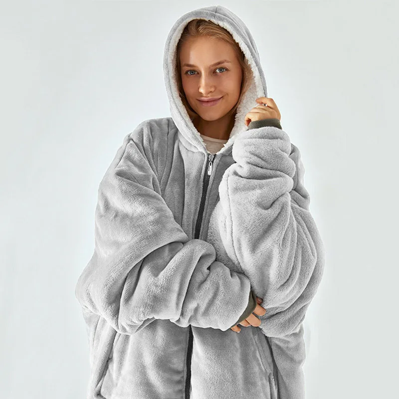 New Middle Long Flannel Blanket with Sleeves Winter Zipper Hoodies Sweatshirt Women Pocket TV Blanket Homewear Robe