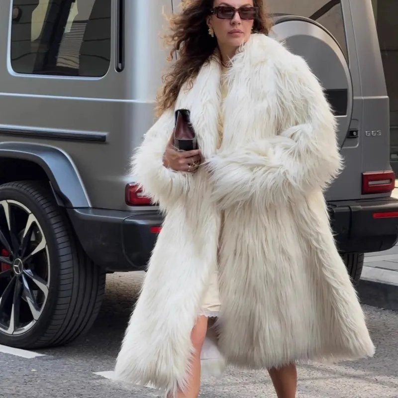 2025 خمر لينة طويلة الشعر فو الفراء بدوره إلى أسفل التلبيب الستر معطف الخريف الشتاء رشاقته الدافئة الفراء رقيق الأبيض سترات طويلة القمم