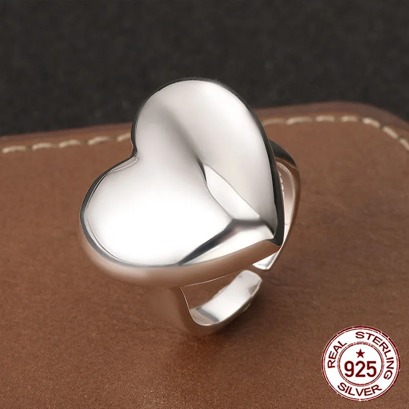 S925 sterling silver ring  Exaggerated Sweet Cool Big Peach Heart Girl Date Bright Face Love Ring with Adjustable Opening