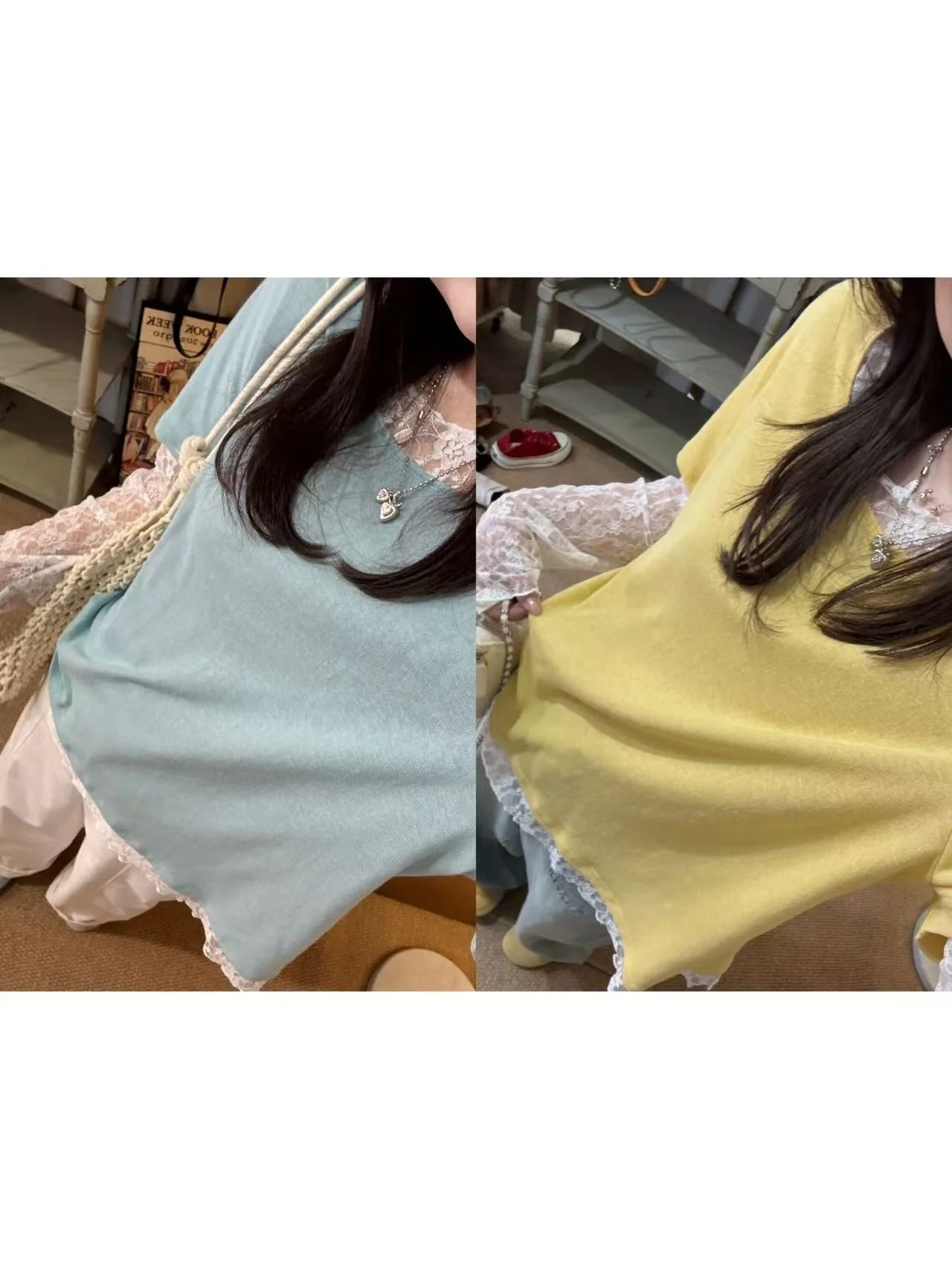 

JINGU Green Label Lace Splice Long Sleeve Loose Fit T-Shirt Fake Two-Piece Gentle Style for Young Women Commute Wear