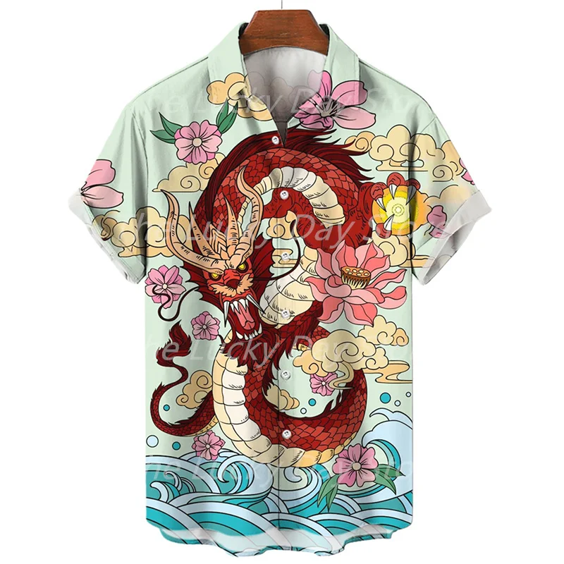 Summer Men\'s Social Casual Vintage Floral Hawaiian Oversize Short Sleeve Shirt Street Luxury Dragon Pattern Element Clothing Hot