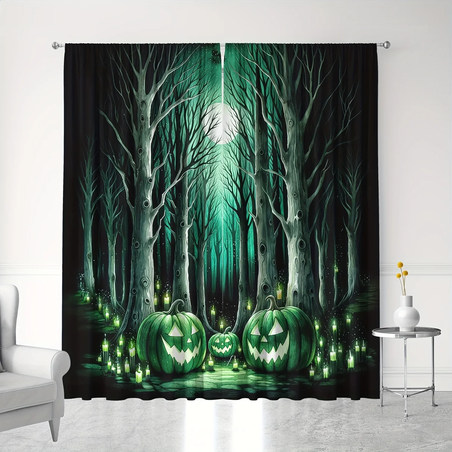 Spooky Halloween Curtain Panels, Grinning Jack‑o‑lantern Flying Bats Haunted Mansion Bright Moon Print Drapes for Living Room