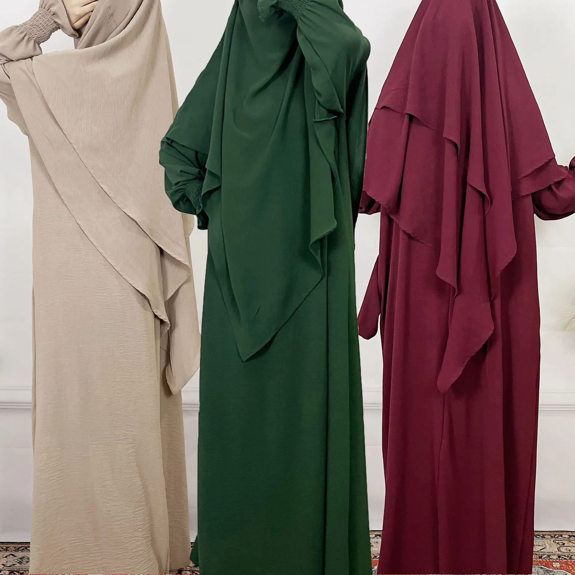 Ice Silk Wrinkled Two-piece Set Dubai Turkey Solid Color Pocket Dress Plus Double Headscarf