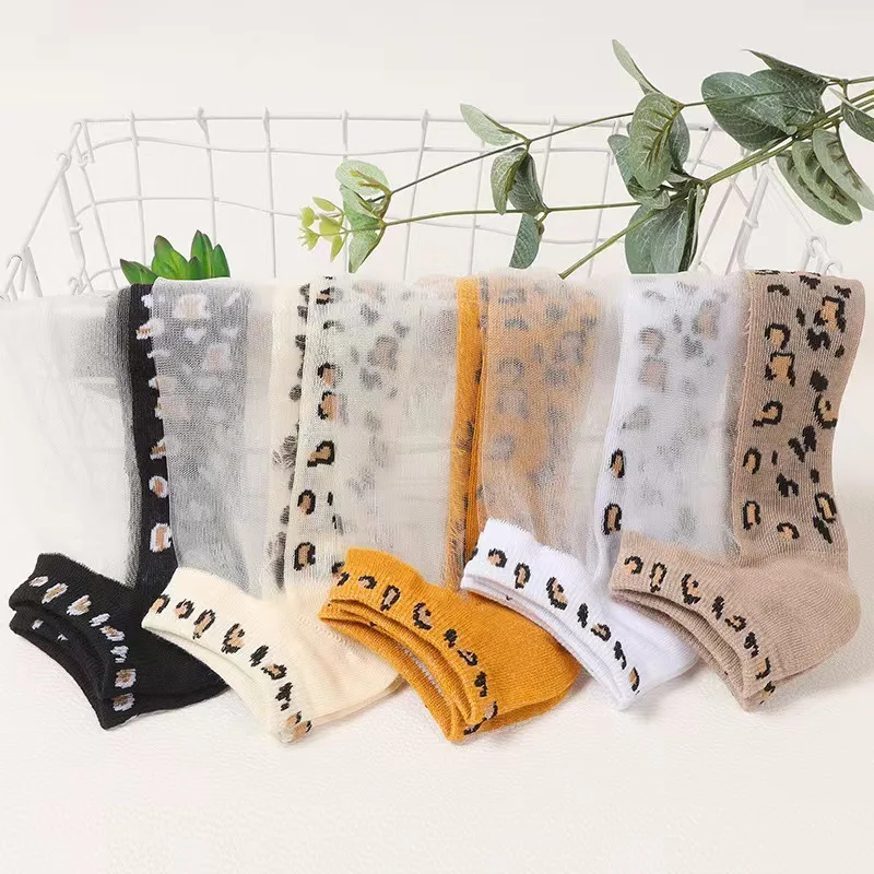 

5 pairs of women's spring and summer thin breathable leopard print socks crystal silk invisible glass silk boat socks
