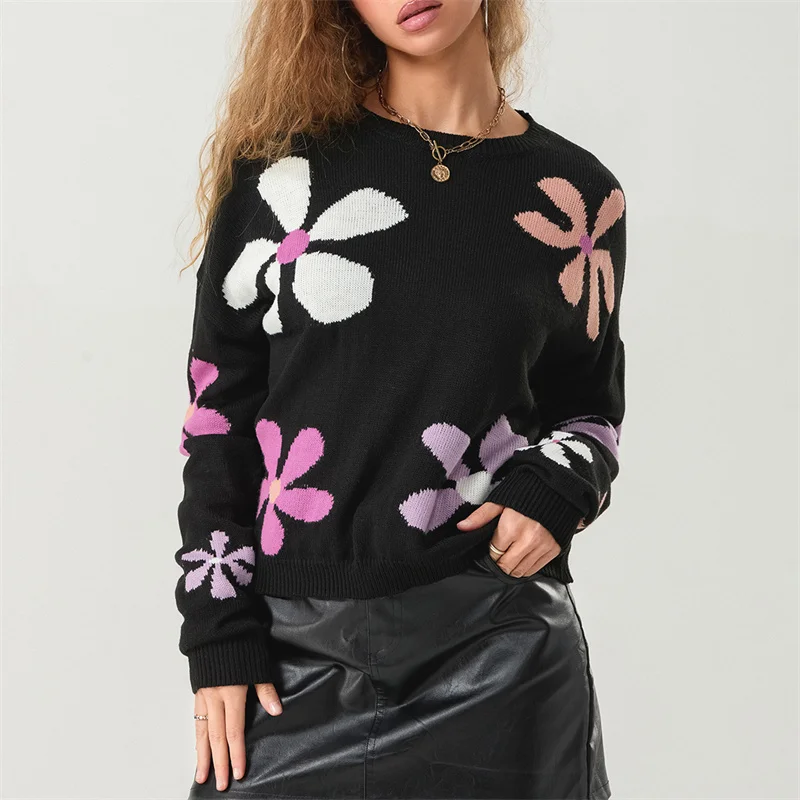 FUFUCAILLM Women Floral Print Sweaters Long Sleeve Round Neck Loose Casual Winter Warm Fall Knitted Pullovers Tops Jumpers 2024