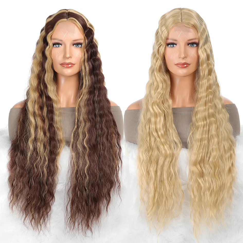 synthetic 34inch lace water wave wig center parted extra long curly wig blonde wig for african black lace wig thanksgiving