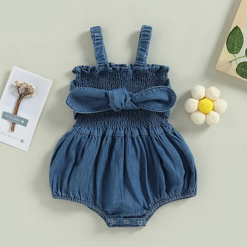 

Infant Girls Denim Romper Solid Color Bowknot Ruched Sleeveless Sling Bodysuits Summer Newborn Baby Playusits