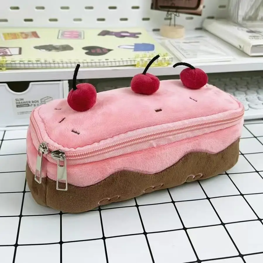 Plush Cute Pencil Bag Cherry Cake Pencil Case Large Capacity Student Stationery Storage for Girls Kids Back to School Gift view 2