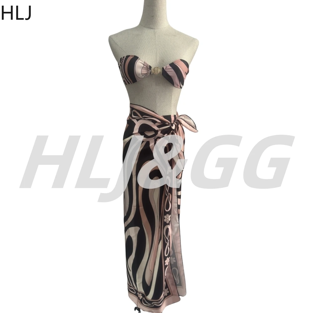 Hlj sexy conjunto de biquíni feminino banho impressão metal tanga biquini beachwear moda sem mangas sem costas magro banho beachwear 2025