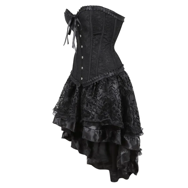 women's overbust gothic corset dress sexy jacquard vintage black corset with skirt plus size S-6XL