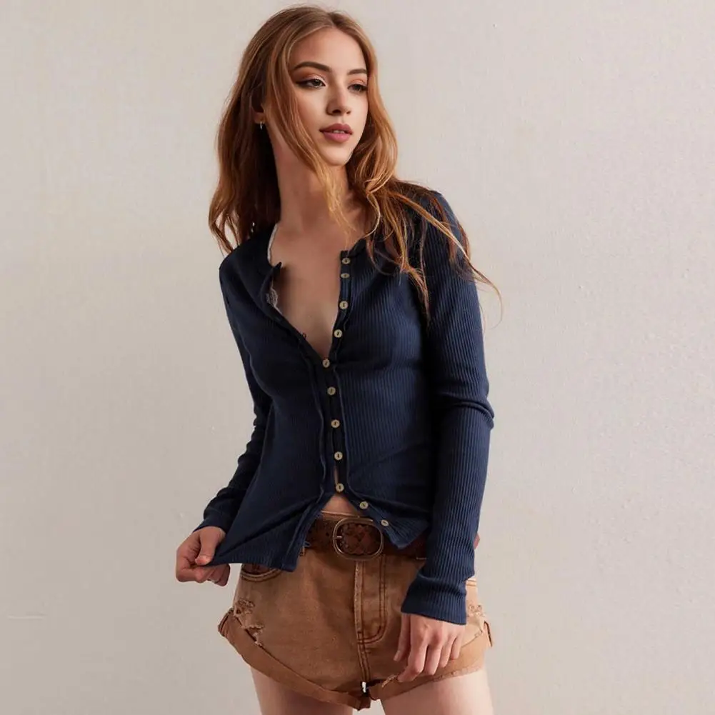 Women Knitting Tops Round Neck Long Sleeve Single Breasted Ribbed Tops Button Front Closure Slim Fit Cardigan