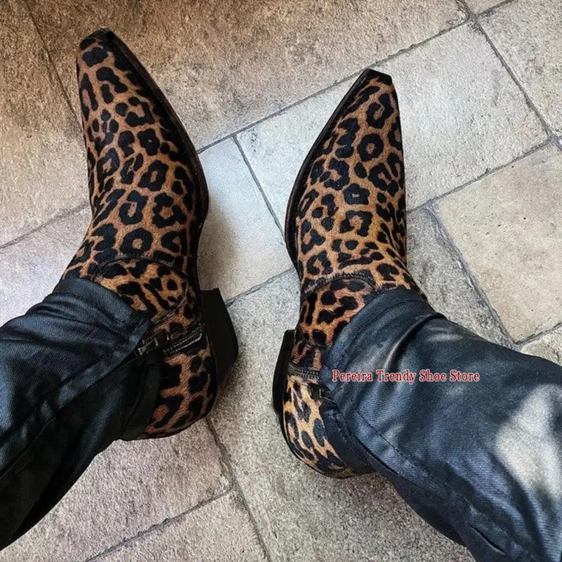 Leopard Print Thick Heel Chelsea Boots Trendy Retro Genuine Leather Zipper Short Boots Spring Autumn New Handmade Men's Shoes