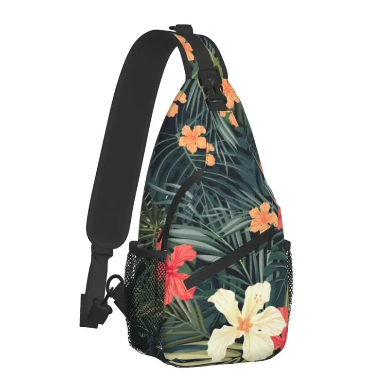 Jungle Flowers Pattern Sling Bag Men Summer Tropical Plants Leaves Shoulder Chest Crossbody Backpack Cycling Camping Daypack