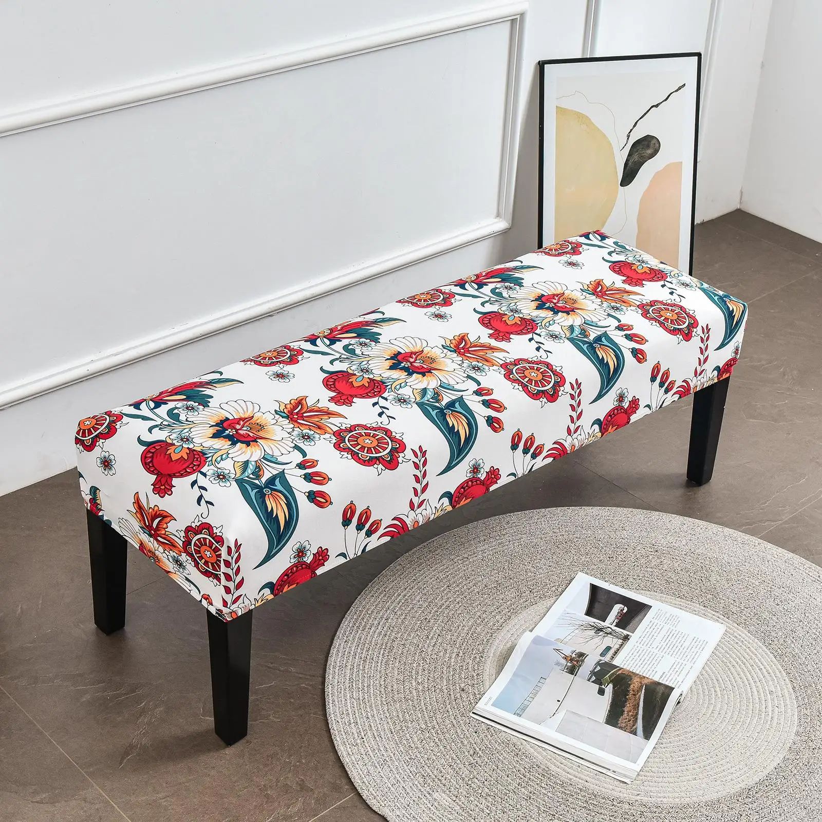 Thickened Bench Cover with Security Straps Skid Resistant High Stretch Seat Cushion Cover for Upholstered Bench Dining Room