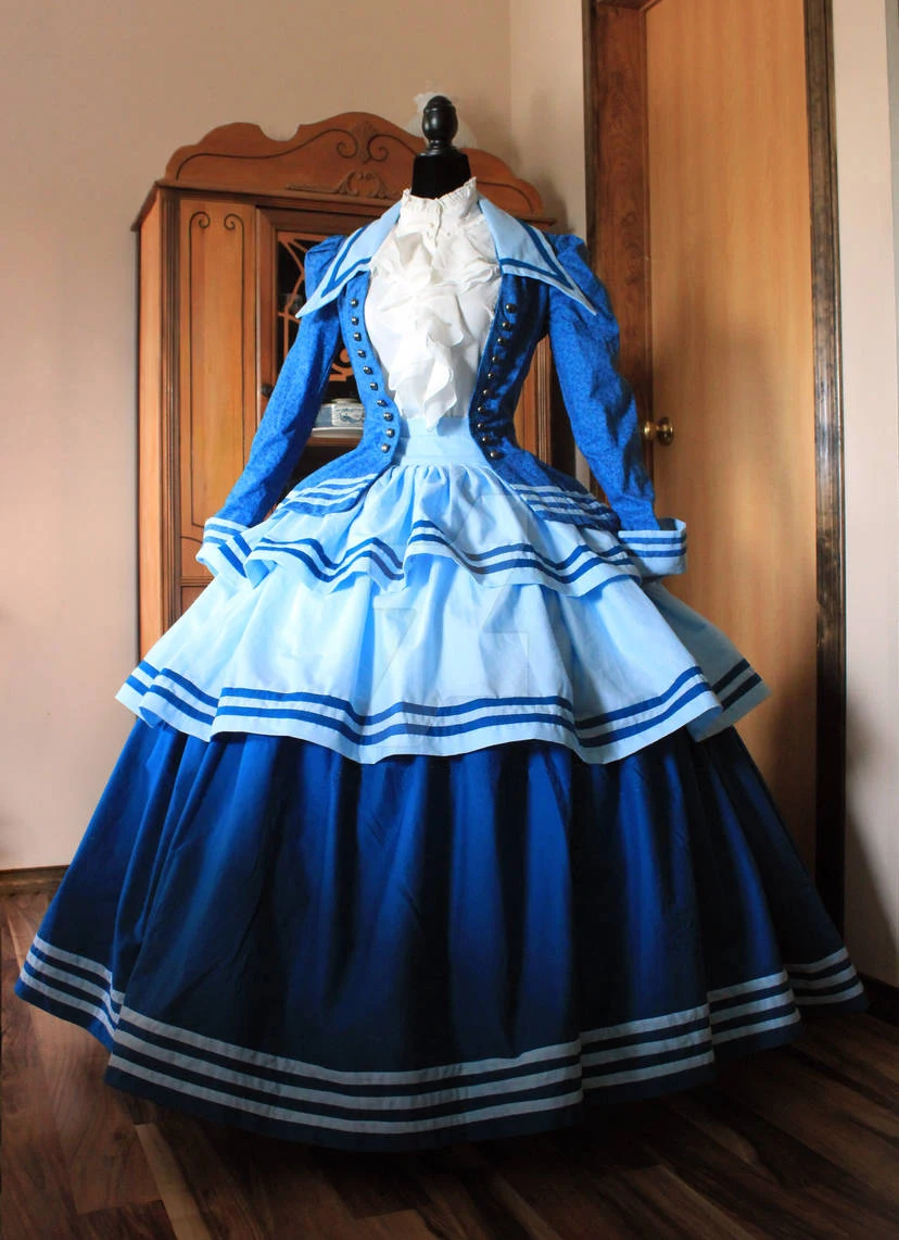 Victorian Gothic Steampunk Costume Women Blue Dress Gown Historical Medieval Dress