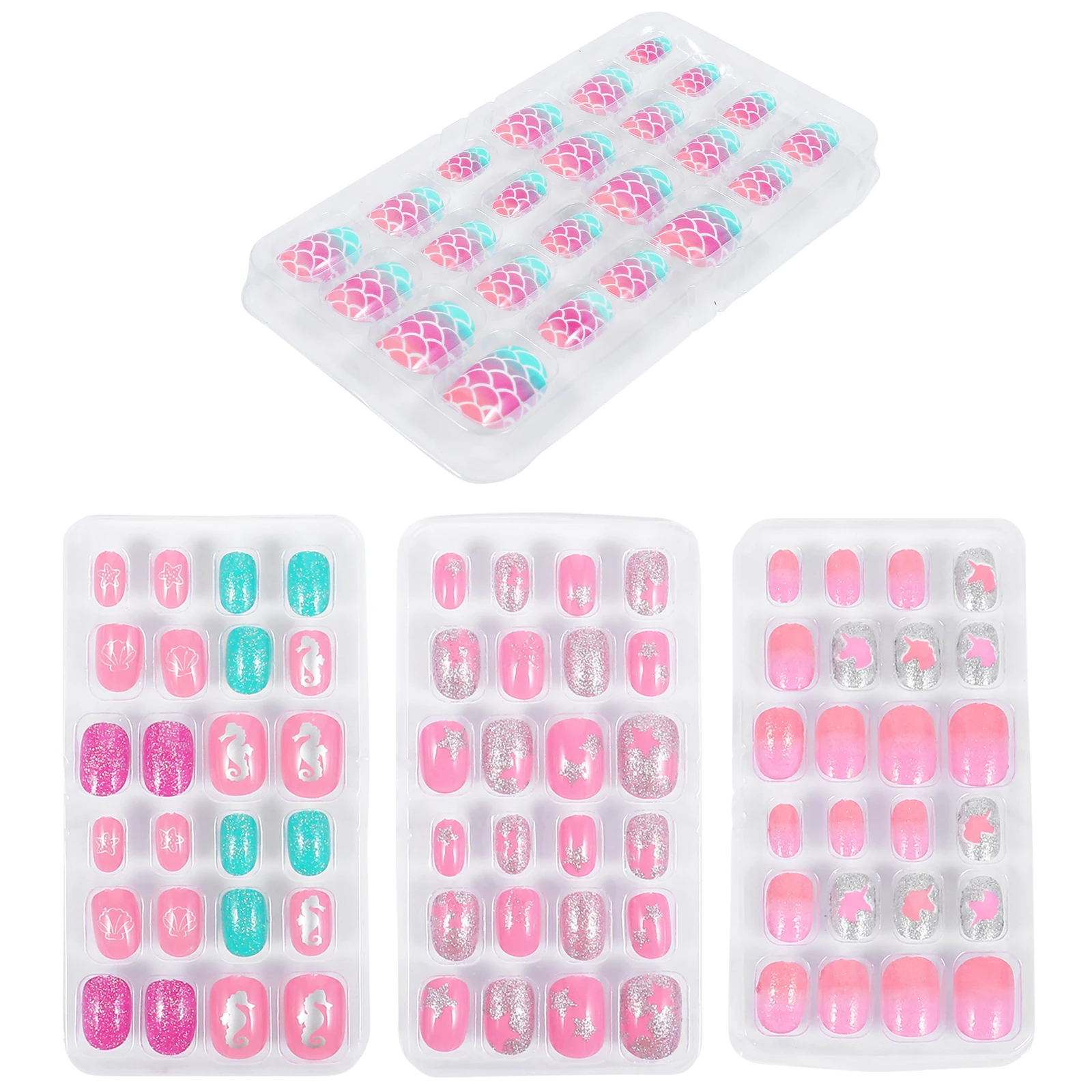 

Fake Nails Kids Press On Fingernails Artificial Short Tips with Glue for Manicure Nail Plastic Bright Patterns