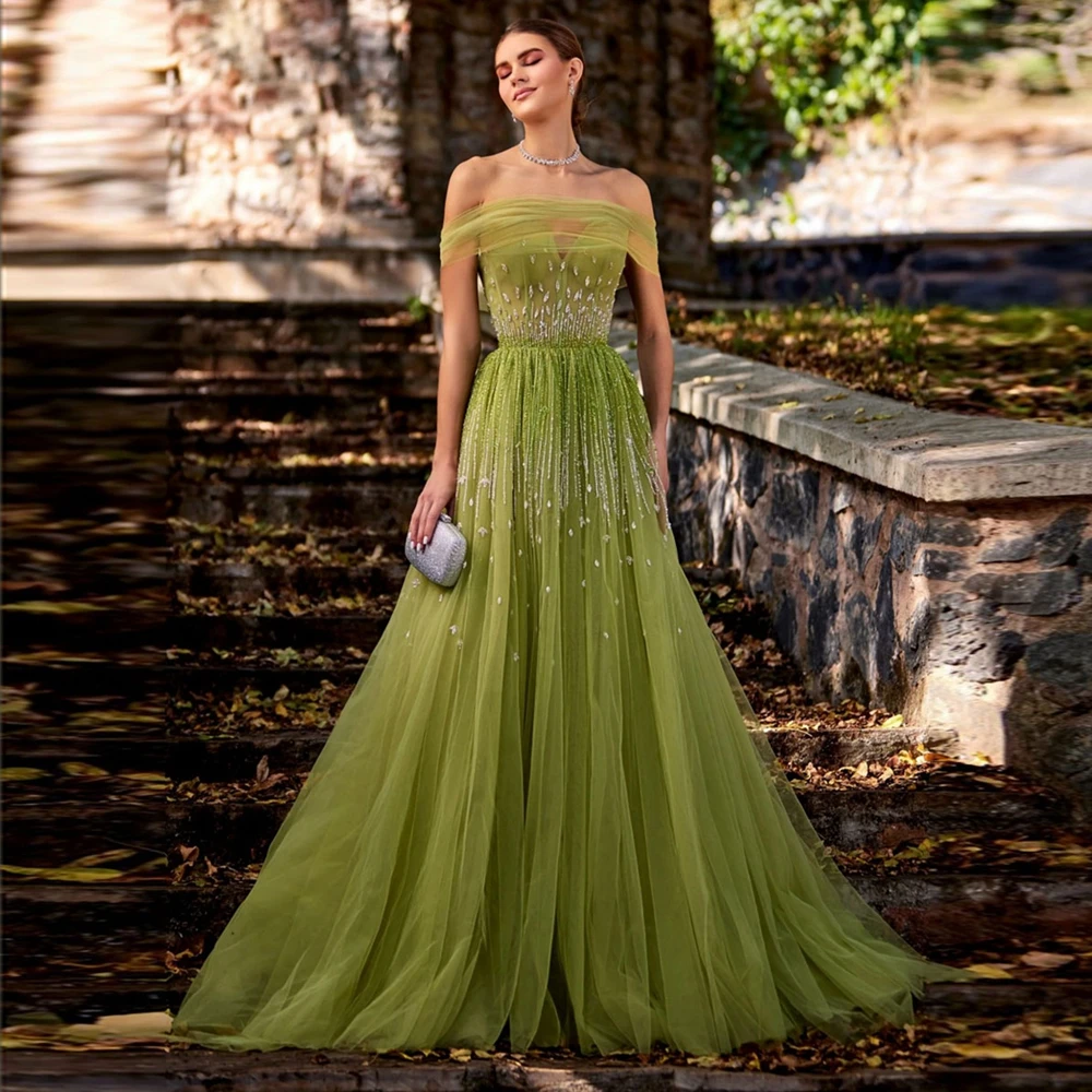 Vestido de noche verde sin hombros para mujer, ropa elegante de lujo con cuentas de cristales, longitud hasta el suelo, Tallas grandes