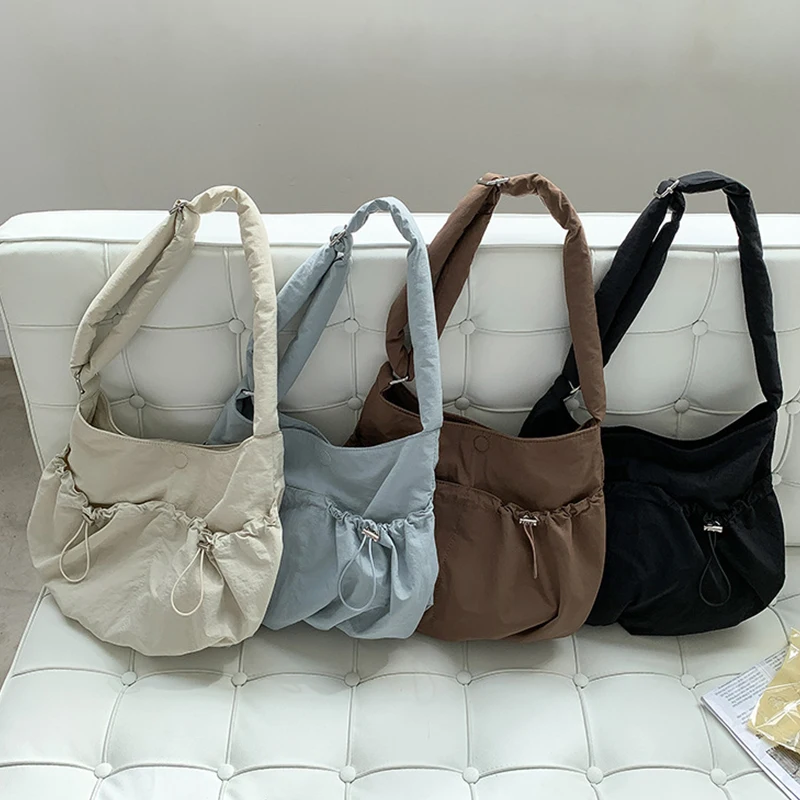 2024 New College Student Nylon Bag Pleated Fashion Korean Girls Shoulder Bag Large Capacity Simple Casual Women's Crossbody Bags