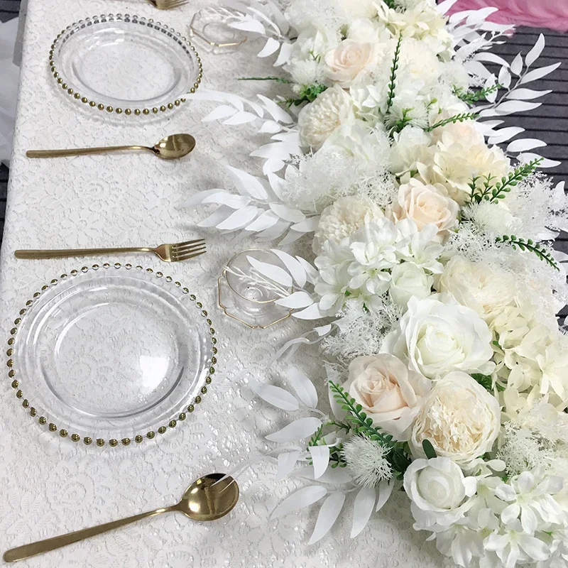 artificial white silk flower heads rose peony Eucalyptus for wedding party home decor table runner row corner flower christma