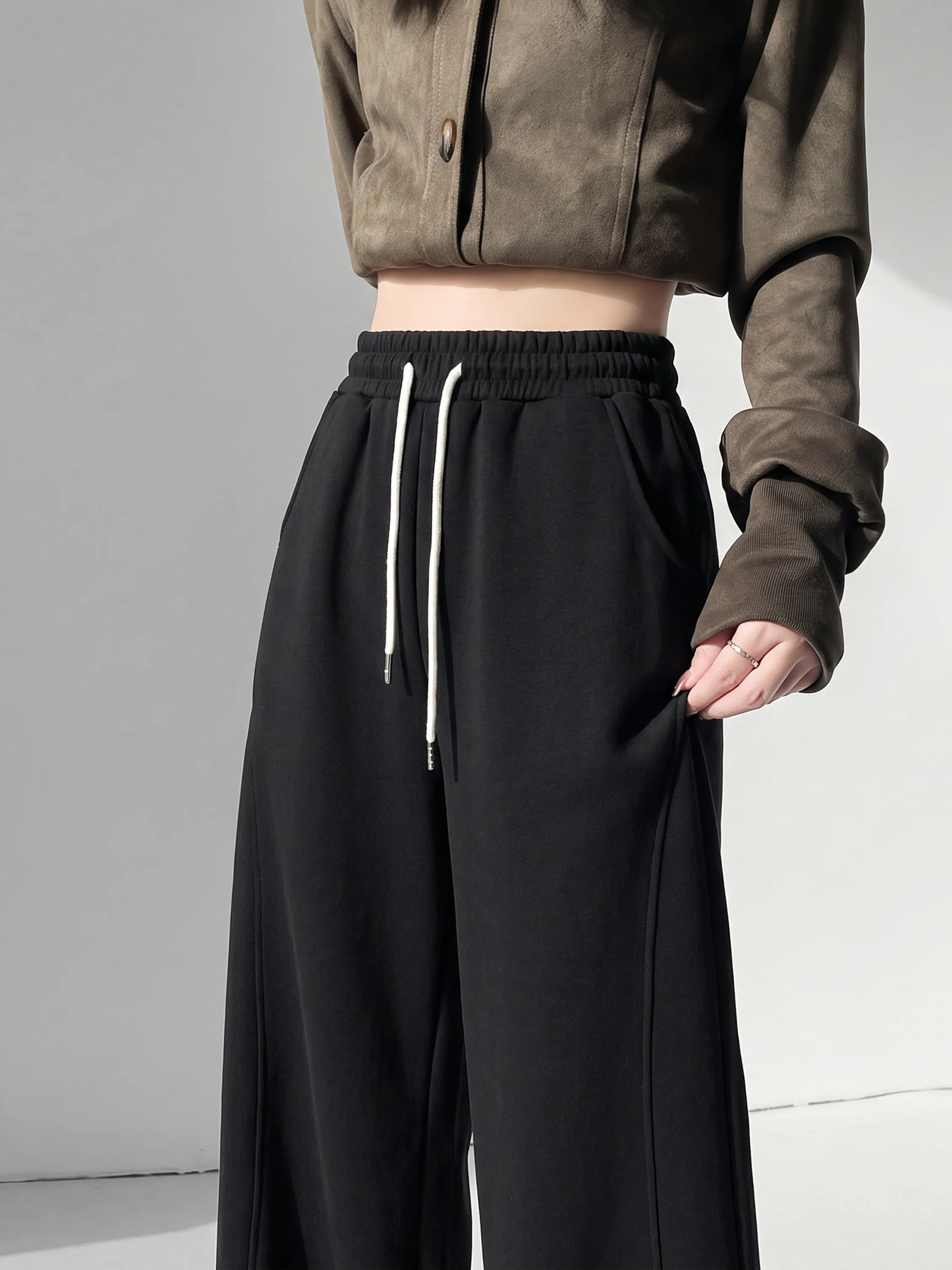 Black Loose Sporty Wide Leg Pants Women's High Waist Slim Straight Drapey Casual Floor-Length Sweatpants Korean Style Cotton