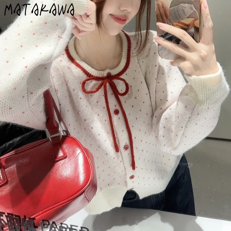 

Matakawa Autumn Winter Clothes Woman Sweaters Sweet Bows Polka Dot Warm Cardigans Korean Fashion Retro Chic Sueter Mujer